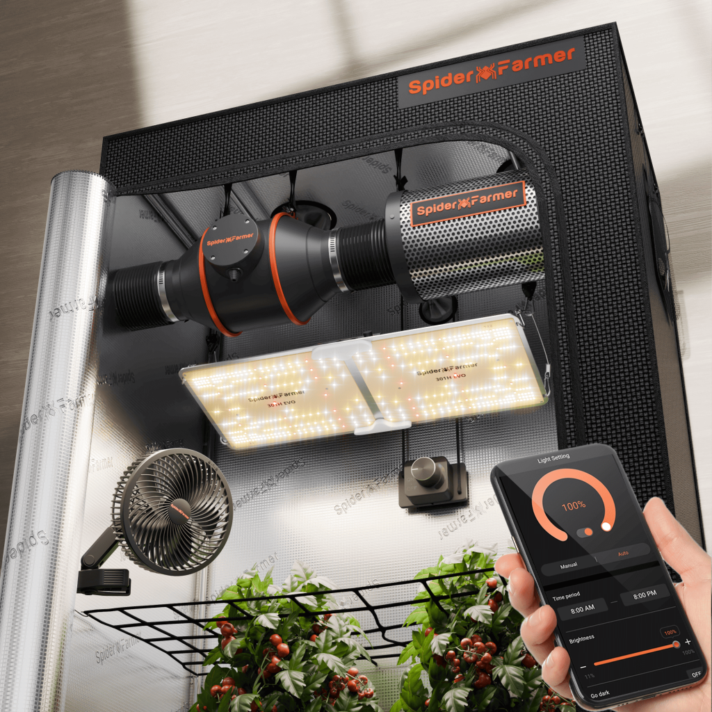 2025 Neueste Version Spider Farmer® 120 x 60 x 180 cm Komplettes Growzelt-Set丨SF2000 301H EVO Vollspektrum-LED-Wachstumslicht丨2025 6-Zoll-Clip-Lüfter丨4-Zoll-Belüftungssystem mit Geschwindigkeitsregler