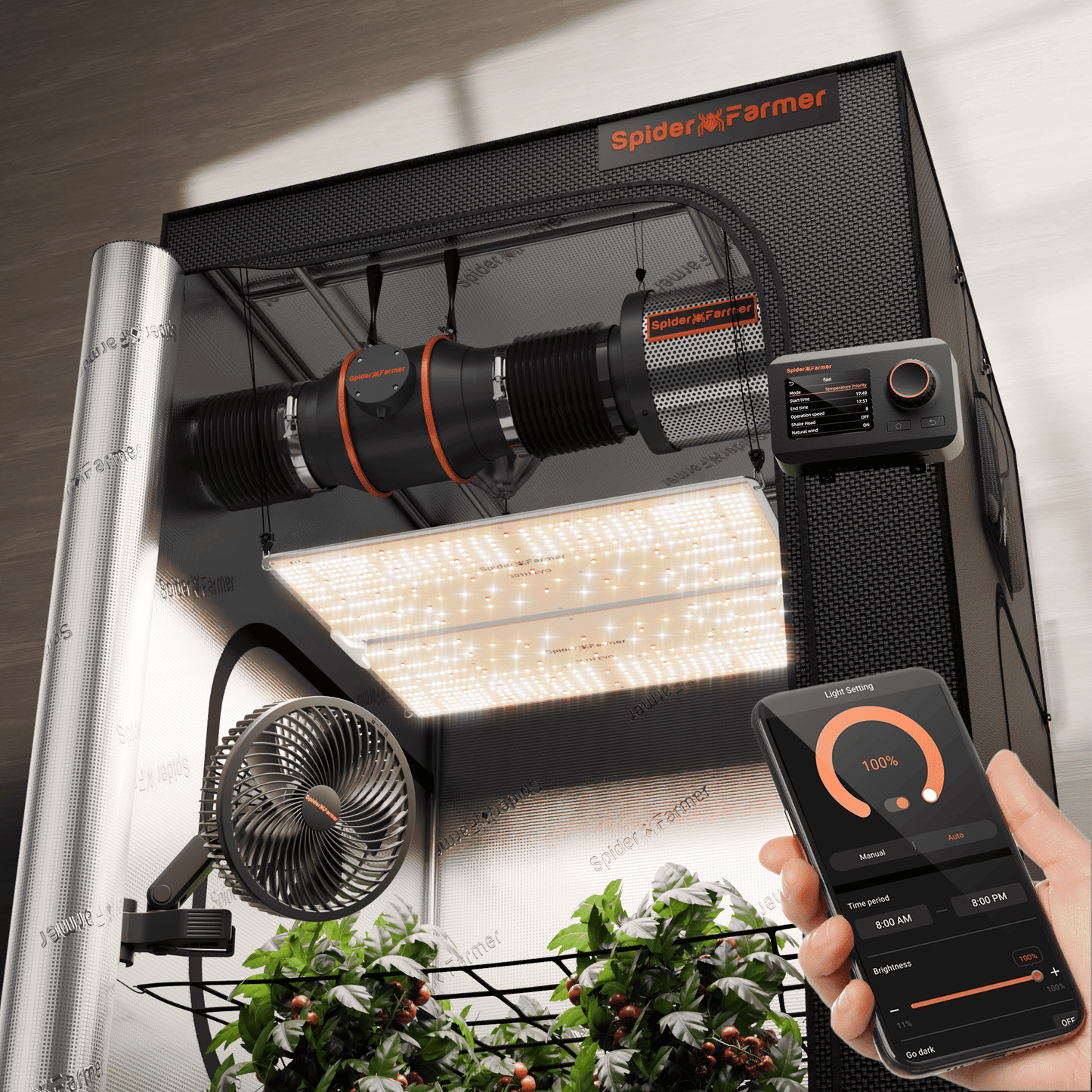 2025 Neuestes Spider Farmer® 120 x 120 x 200 cm Komplettes Growzelt-Set丨SF4000 450 W Vollspektrum-LED-Wachstumslicht丨6-Zoll-Belüftungssystem mit intelligentem GGS-Controller丨6-Zoll-Clip-Lüfter