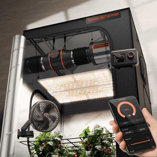 2025 Neuestes Spider Farmer® 120 x 120 x 200 cm Komplettes Growzelt-Set丨SF4000 450 W Vollspektrum-LED-Wachstumslicht丨6-Zoll-Belüftungssystem mit intelligentem GGS-Controller丨6-Zoll-Clip-Lüfter