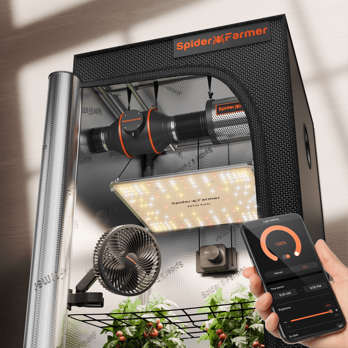 Spider Farmer® 70x70x160cm Komplettes Growbox-Set|SF1000 Samsung 301H EVO Vollspektrum-LED|6” Clip-Ventilator|4” Grow-Ventilator-System mit Drehknopfsteuerung