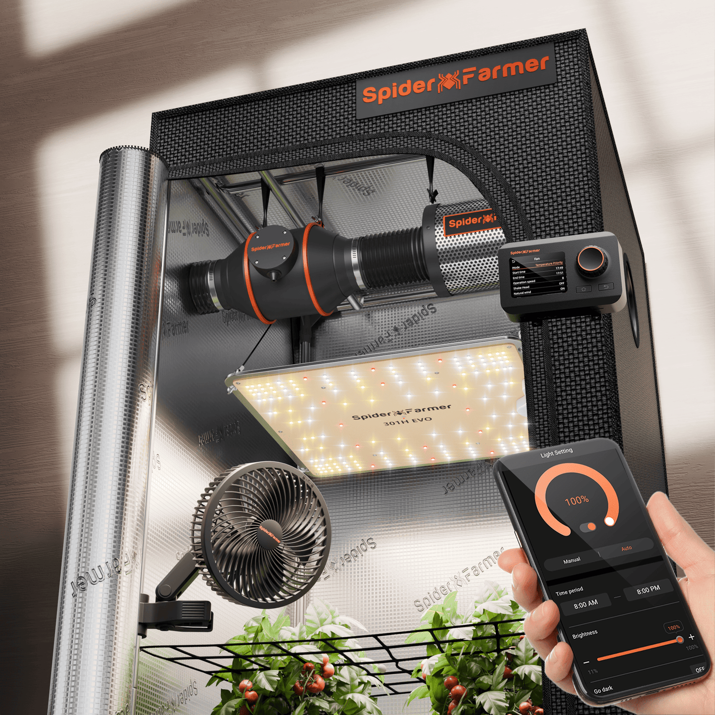 Spider Farmer® 70x70x160cm Komplettes Growzelt-Set | SF1000 301H EVO Vollspektrum-LED-Growlampe | 15 cm Clip-Lüfter | 10 cm Belüftungssystem mit Smart-App-Steuerung (GGS)