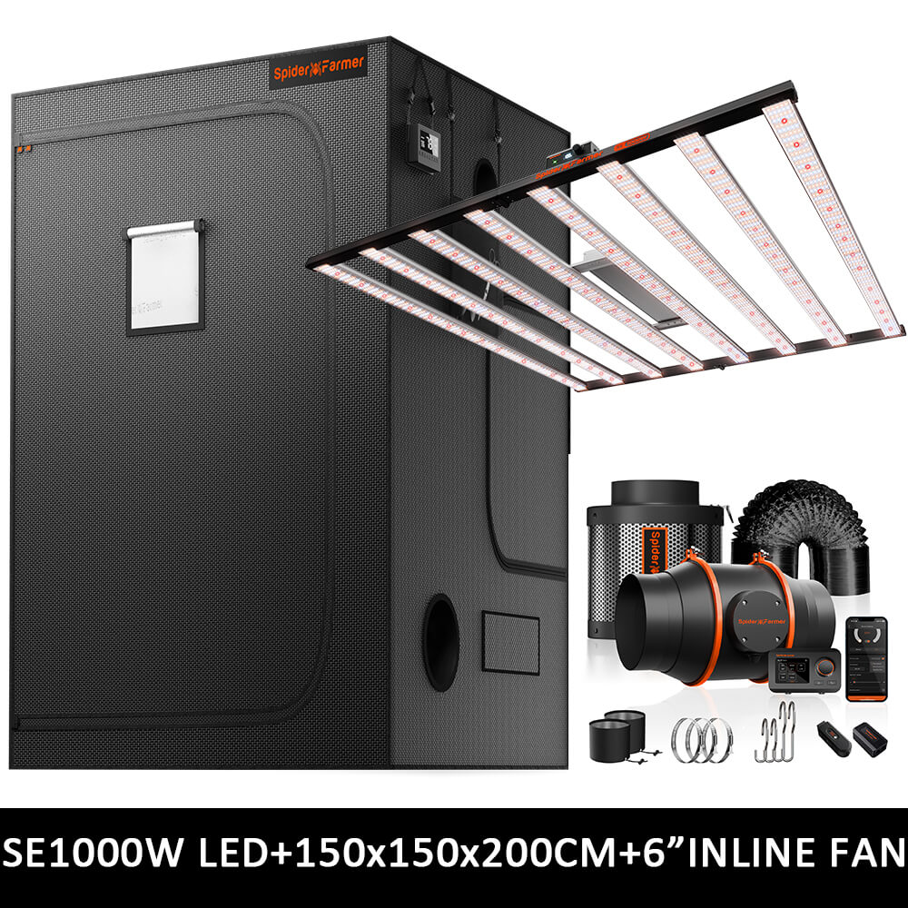 Spider Farmer 150x150cm Komplettes Growzelt-Set | SE1000W LED-Pflanzenlampe | 6-Zoll-Inline-Ventilator mit GGS-Controller-Kits