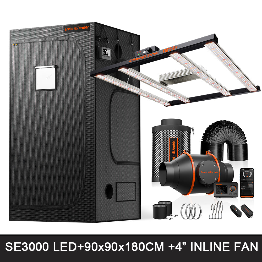 Spider Farmer 90x90x180cm Komplettes Growzelt-Set | SE3000 EVO 300W LED-Growlampe | 4-Zoll-Inline-Ventilator mit GGS-Controller