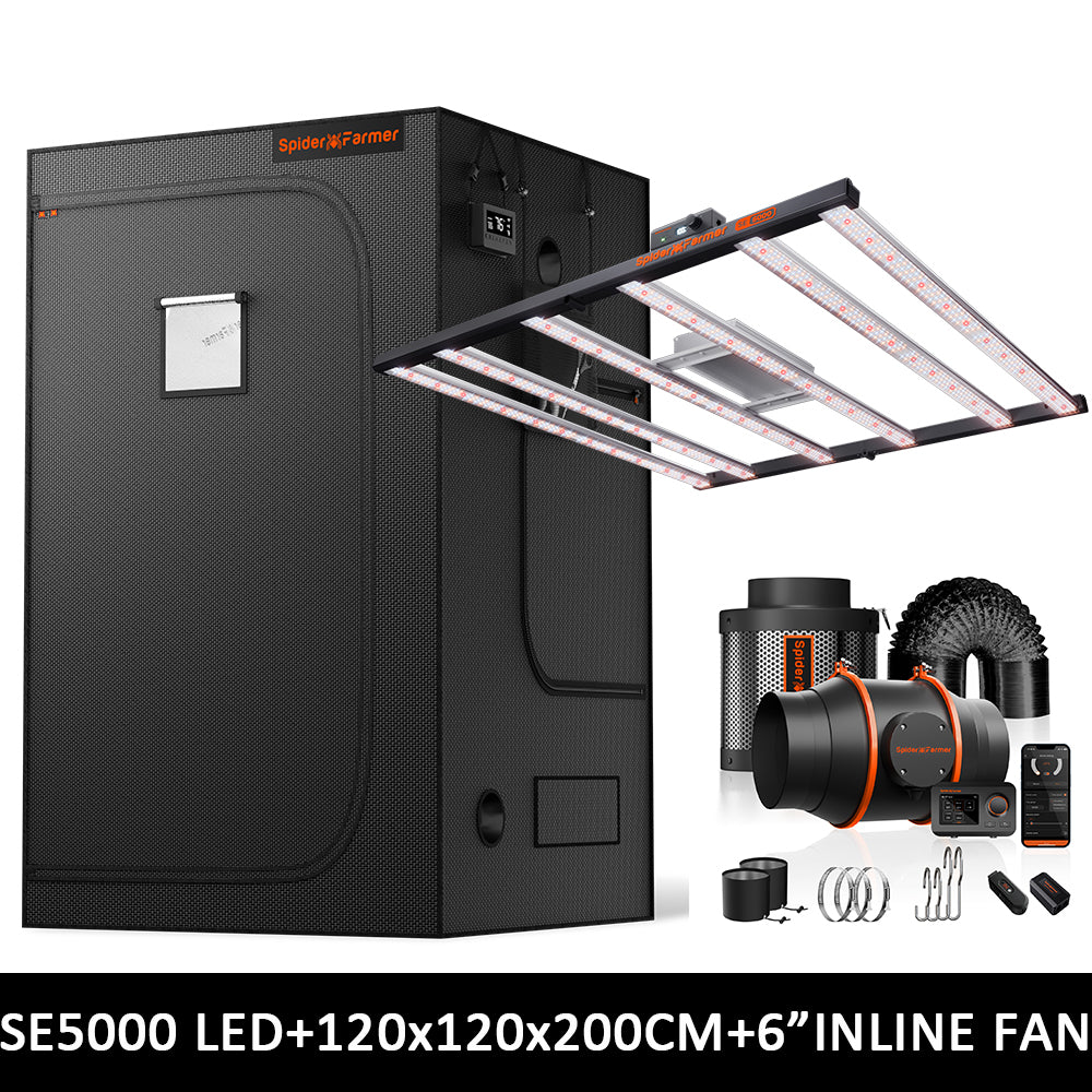 Spider Farmer 120x120x200cm Komplettes Growzelt-Set | SE5000 EVO 480W LED-Pflanzenlampe | Neues 6"-Belüftungssystem mit GGS-Controller