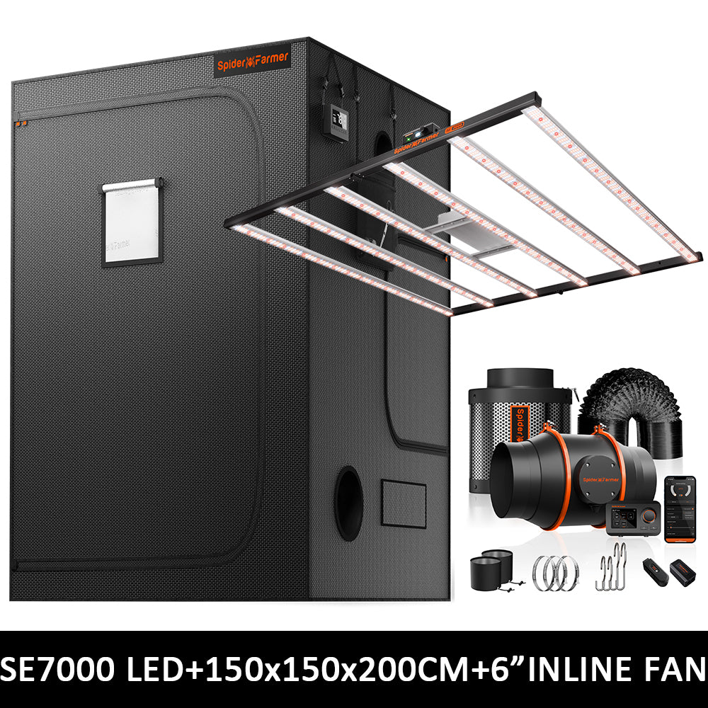 Spider Farmer 150x150cm Komplettes Growzelt-Set | SE7000 730W LED-Pflanzenlampe | Neuer 6″ Inline-Ventilator mit GGS-Controller | Growbox Komplettset