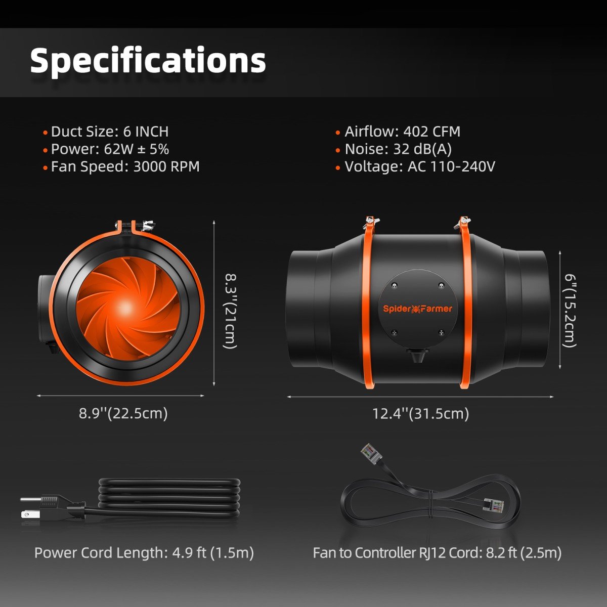 Spider Farmer 6 Zoll Inline-Kanalventilator-Kits 402CFM mit GGS-Controller-Lüftungssystem