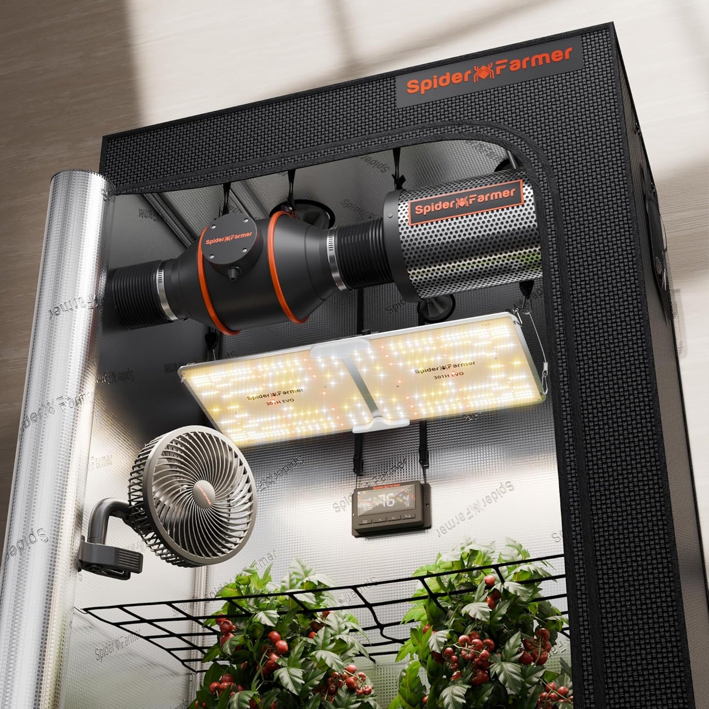 Spider Farmer® 120 x 60 x 180 cm Growbox-Komplettset, SF2000 301H EVO Vollspektrum-LED-Pflanzenlampe, 6-Zoll-Clip-Ventilator, 4-Zoll-Belüftungssystem mit intelligentem Lüfter-Controller